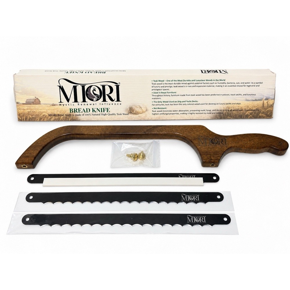 MIORI Bread Knife Teak Wood Handle Serrated Cutter w/ 2 Extra Blades 16" New